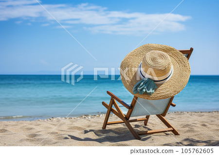 Sun lounger on a paradise beach by the sea with a straw hat hanging on it 105762605