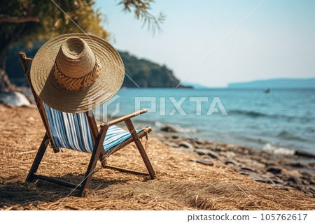 Sun lounger on a paradise beach by the sea with a straw hat hanging on it 105762617