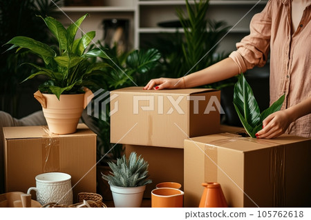 Woman unpacks items from boxes after moving 105762618