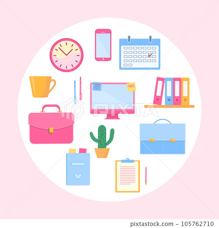 Set of office accessories on pink background. Business concept. 105762710