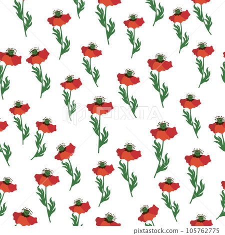 Summer seamless pattern with bright red poppy flowers and poppy pods. Field, meadow of poppies 105762775
