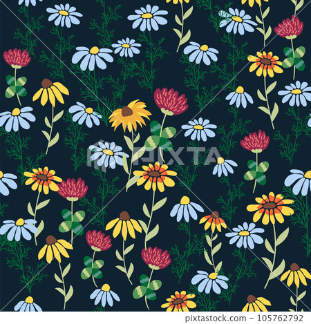 Floral seamless pattern. Daisies, lilies of the valley, clover, tulips, peonies, gritsiki, herbs. Print with small bright flowers, spring bouquet. 105762792