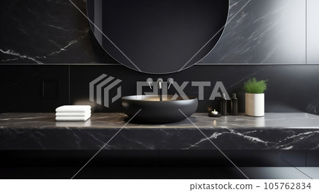 Black bathroom interior design, round mirror countertop basin and wall-mounted faucet on black marble counter in modern luxury and masculine style 3d illustration. Generative AI Black bathroom interior design, round mirror countertop basin and wall-mounted faucet on black marble counter in modern luxury and masculine style 3d illustration. Generative AI 105762834