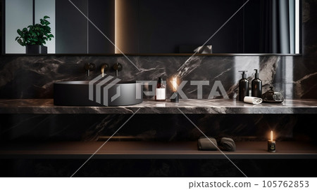 Black bathroom interior design, black countertop basin and wall-mounted faucet on marble counter in modern luxury and masculine style washroom. Generative AI Black bathroom interior design, black countertop basin and wall-mounted faucet on marble counter in modern luxury and masculine style washroom. Generative AI 105762853