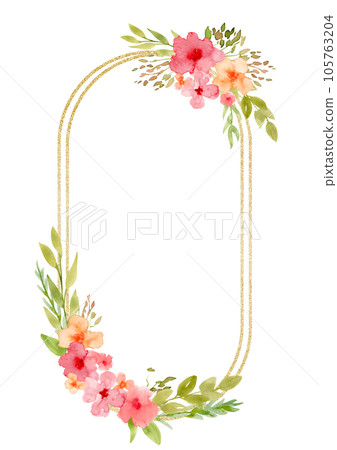 Floral Frame with red and yellow Flowers and golden texture. Hand drawn watercolor illustration of botanical Template for greeting cards or wedding invitations. Drawing on isolated background. Floral Frame with red and yellow Flowers and golden texture. Hand drawn watercolor illustration of botanical Template for greeting cards or wedding invitations. Drawing on isolated background. 105763204
