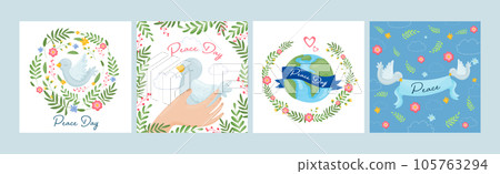 Peace Day Card with Pigeon and Planet Vector Set 105763294