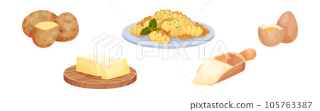 Potato, Butter, Flour Scoop and Egg as Pasta Ingredients Vector Set Potato, Butter, Flour Scoop and Egg as Pasta Ingredients Vector Set 105763387