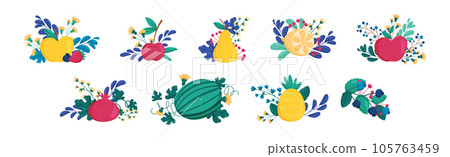 Bright Fruit and Berry Composition with Branches and Flower Blossom Vector Set Bright Fruit and Berry Composition with Branches and Flower Blossom Vector Set 105763459