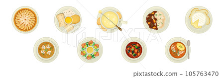 French Food Dishes Served on Plates for Restaurant Menu Top View Vector Set 105763470