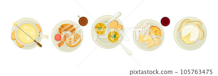 French Food Dishes Served on Plates for Restaurant Menu Top View Vector Set 105763475