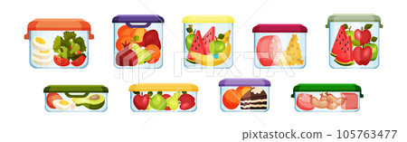 Different Food in Plastic or Glass Containers Vector Set 105763477
