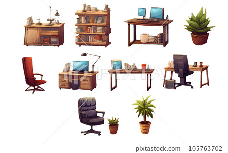ui set illustration of home work office interior furniture isolated on white baclground ui set illustration of home work office interior furniture isolated on white baclground 105763702