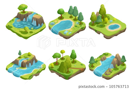 ui set vector illustration of isometric flying waterfall island isolated on white background 105763713