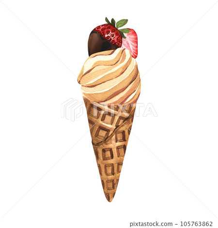 Watercolor dessert, soft ice cream waffle cone with strawberry in chocolate. Hand-drawn illustration isolated on white background. Perfect food menu, design packing, bakery shop, cooking, tea party. 105763862