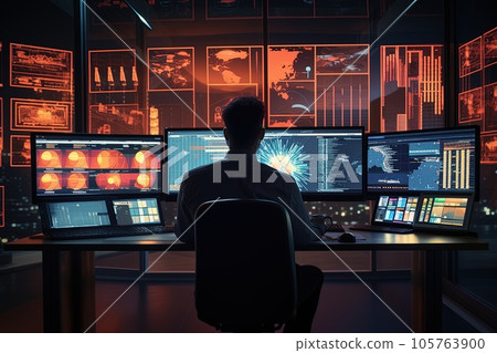 Computer security specialist gathers information while sitting in front of multiple monitors. 105763900