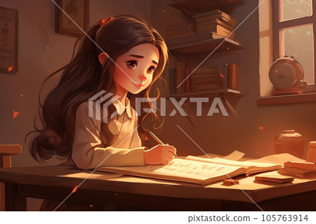 Picture of a 10 y.o. girl does homework. 105763914