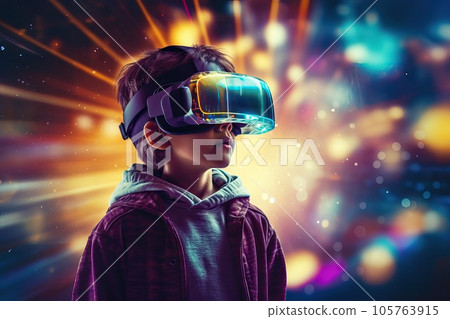 Close-up image of a kid wearing virtual reality glasses. 105763915