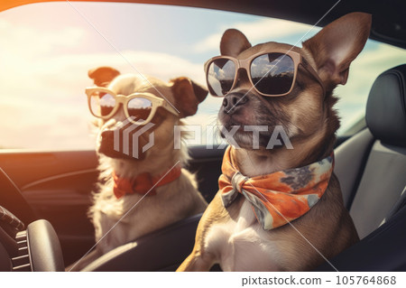Traveling by car with dogs. French lapdogs in sunglasses. Summer holidays with pets 105764868