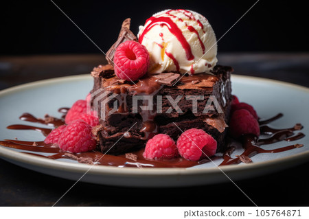 Chocolate brownie with a scoop of ice cream and raspberries 105764871