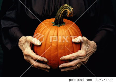 The old woman's hands are holding a round pumpkin 105764888