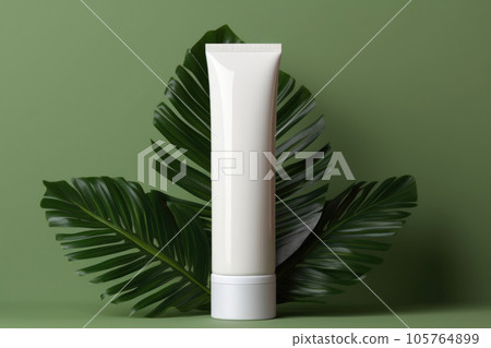 A mock-up white tube for cream on the background of palm leaves 105764899