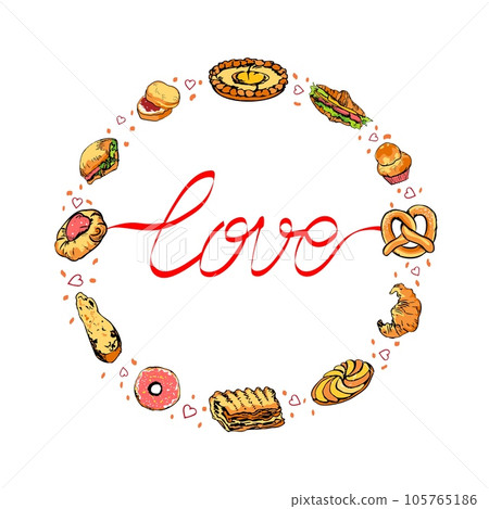 Round composition bakery items and love word Round composition bakery items and love word 105765186