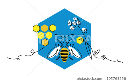 Bee, honey, honeycombs and flower in blue hexagon shape. Vector color illustration in yellow and blue colors for ukrainian honey label design. One continuous line art drawing of the honey 105765256