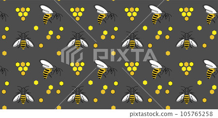 Honey and bee seamless vector pattern, texture, background in yellow and grey colors. Vector pattern for honey label design, wrapping. One continuous line art drawing of the honey pattern Honey and bee seamless vector pattern, texture, background in yellow and grey colors. Vector pattern for honey label design, wrapping. One continuous line art drawing of the honey pattern 105765258