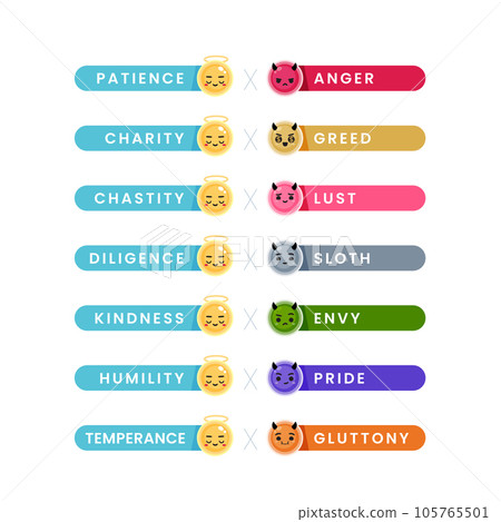 Colorful label of 7 Heavenly Virtue and deadly sin. 105765501