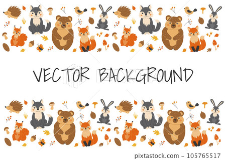 Vector background with cute forest animals in cartoon style. Squirrel, fox, wolf, bear, hedgehog, butterfly, bird. Twigs, cones, acorn, leaves, grass. Autumn in the forest. 105765517