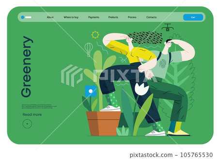 Greenery, ecology -modern flat vector concept illustration of observing people surrounded by plants. Metaphor of environmental sustainability and protection, closeness to nature 105765530