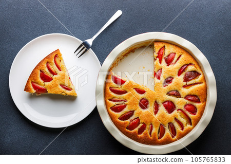 Homemade plum pie with almond flour. Top view image for menu or recipe Homemade plum pie with almond flour. Top view image for menu or recipe 105765833