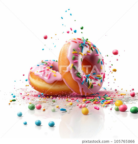 Fresh sweet donuts in motion with multicolored fruit glaze Fresh sweet donuts in motion with multicolored fruit glaze 105765866