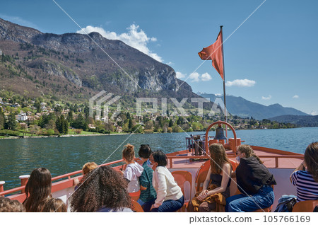 Tourist enjoy cruising on Lake Annecy on a sunny day. 105766169