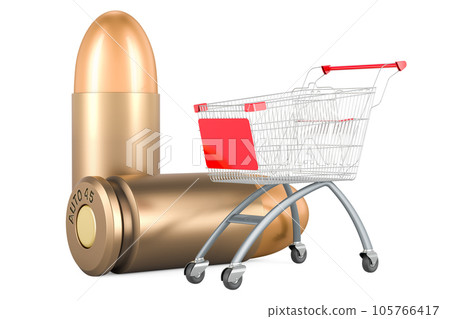 Pistol bullets with shopping cart, 3D rendering Pistol bullets with shopping cart, 3D rendering 105766417