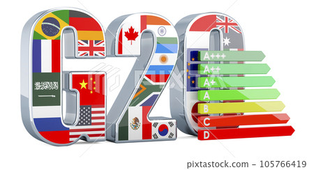 G20 with energy efficiency chart, 3D rendering 105766419