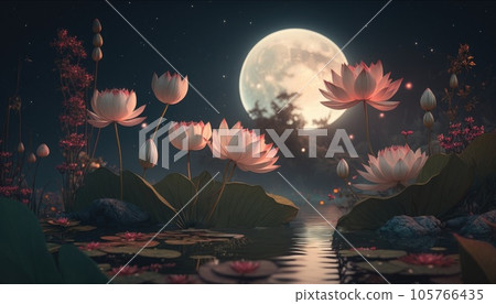 Night landscape with water lilies in a swamp against the background of the moon 105766435