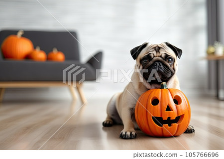 Pug dressed in a jack pumpkin lantern costume sits on a floor, close up 105766696