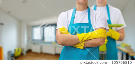 Cleaners stand in a group against the background of the apartment . 105766810