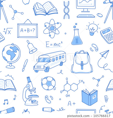 Back to school seamless pattern doodle. Hand drawn line doodle sketch style back to school background. Hand drawn book, bag, globe education elements background. Vector Back to school seamless pattern doodle. Hand drawn line doodle sketch style back to school background. Hand drawn book, bag, globe education elements background. Vector 105766817