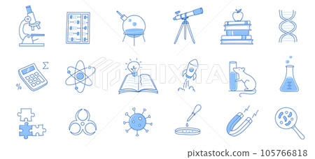 Laboratory doodle icon set. Hand drawn sketch line doodle style scientific education, chemistry laboratory, medicine experiment icon. Microscope, atom, magnet outline element. Vector Laboratory doodle icon set. Hand drawn sketch line doodle style scientific education, chemistry laboratory, medicine experiment icon. Microscope, atom, magnet outline element. Vector 105766818