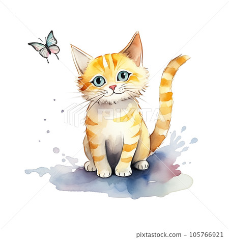 Watercolor cartoon kitten and butterfly isolated on white background. Made with generative ai. Watercolor cartoon kitten and butterfly isolated on white background. Made with generative ai. 105766921