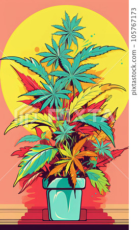 Cannabis plant growing out of pot. Hand drawing style colorful illustration 105767173