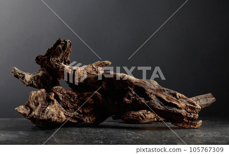 Old dry wooden snag on a black stone table. Old dry wooden snag on a black stone table. 105767309