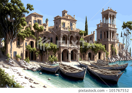 Mediterranean beach Ancient Roman architecture Renaissance vector illustration Renaissance villa Mediterranean beach Ancient Roman architecture Renaissance vector illustration Renaissance villa 105767552