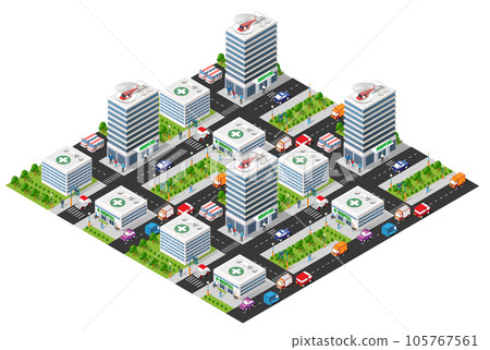 Flat isometric map, landscape city, building skyscraper, parks, cafe, landmarks. Vector 3d top 105767561