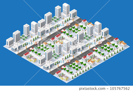 Flat isometric map, landscape city, building skyscraper, parks, cafe, landmarks. Vector 3d top Flat isometric map, landscape city, building skyscraper, parks, cafe, landmarks. Vector 3d top 105767562