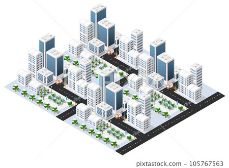 Flat isometric map, landscape city, building skyscraper, parks, cafe, landmarks. Vector 3d top 105767563