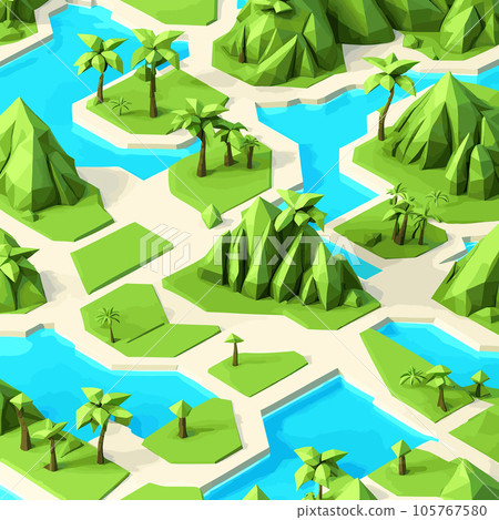 3D isometric low poly portrayal of a tropical island adorned 105767580