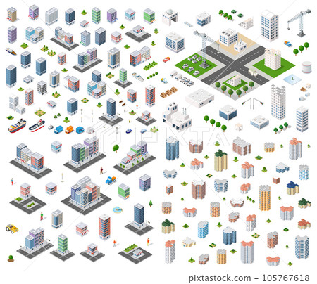 Isometric set Street crossroads 3D illustration of the city quarter with streets 105767618